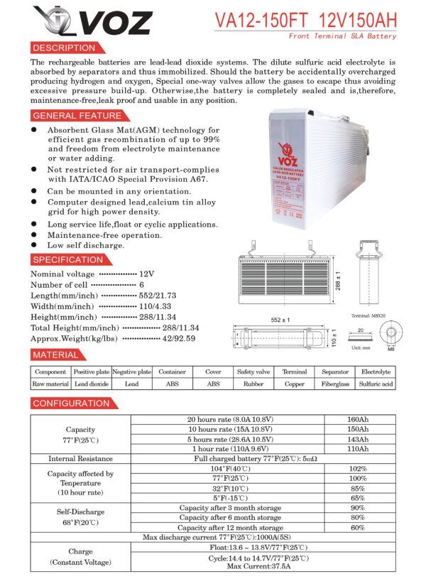 VOZ VRLA 12V 150 Ah - Front Terminal - Image 3